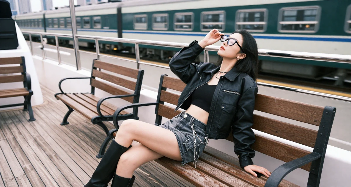 A seductive Female From Suzhou China, grew up in a family tailoring business, learning costume craft in their 24, investing in quality furniture and lifestyle, wearing a edgy street style with boots, pushing glasses up the nose in a yacht deck.