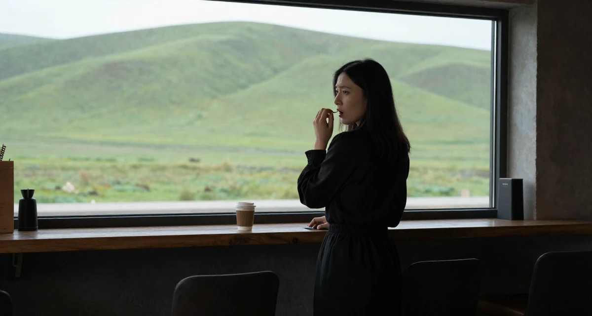 A stunned Female From Mongolia, based in Ulaanbaatar, graduated from a national university majoring in media studies in their 23, adjusting pricing after analyzing monthly performance, wearing a monochromatic black outfit, humming a tune visually in a trendy coffee shop.