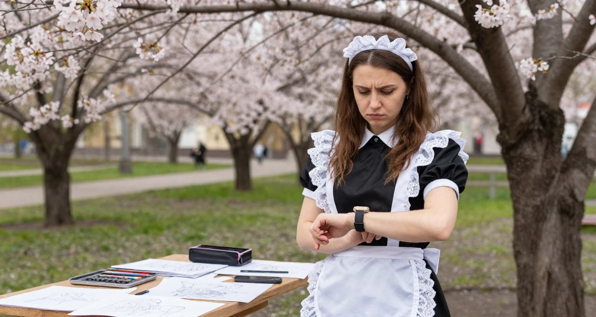 A puzzled Female From Moscow Russia, majored in linguistics in their 23, wearing smart casual and checking a watch, wearing a french maid costume with black silk and white lace, checking a notification on a phone in a cherry blossom park.