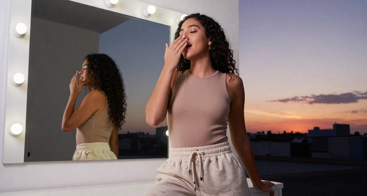 A vibrant Female From Mexico, studied cultural studies in their 22, building early digital portfolios, wearing a high-cut bodysuit paired with loose jogging bottoms, taking a deep breath in a vanity mirror.
