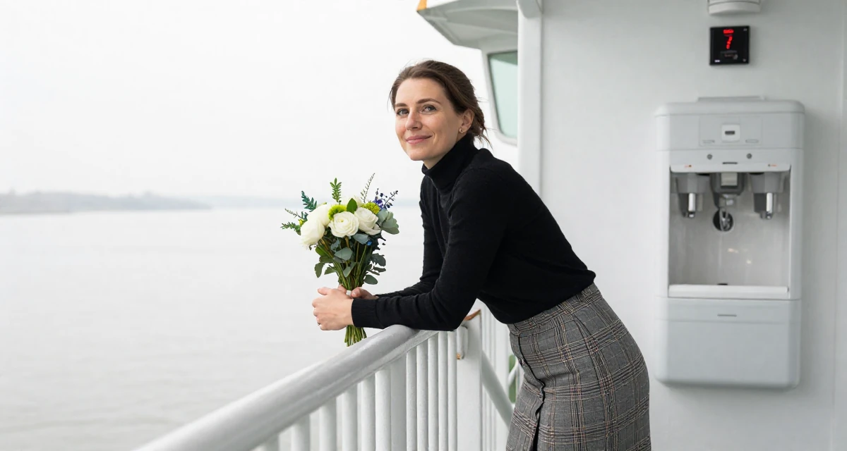 A relaxed and happy Female From Poland, based in Gdańsk, graduated from a communication college majoring in expressive personal branding in their 57, balancing health issues and work, wearing a classic black turtleneck tucked into a plaid midi skirt, holding a bouquet in a ferry deck.