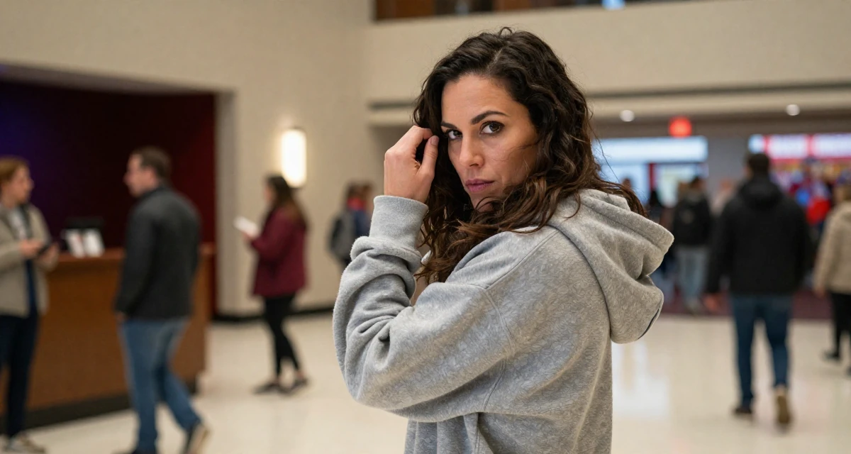 A intense and captivating Female From United States, majored in hospitality operations in their 40, focusing on legacy and long-term wealth, wearing a trendy oversized hoodie, pushing hair from face in a cinema lobby.