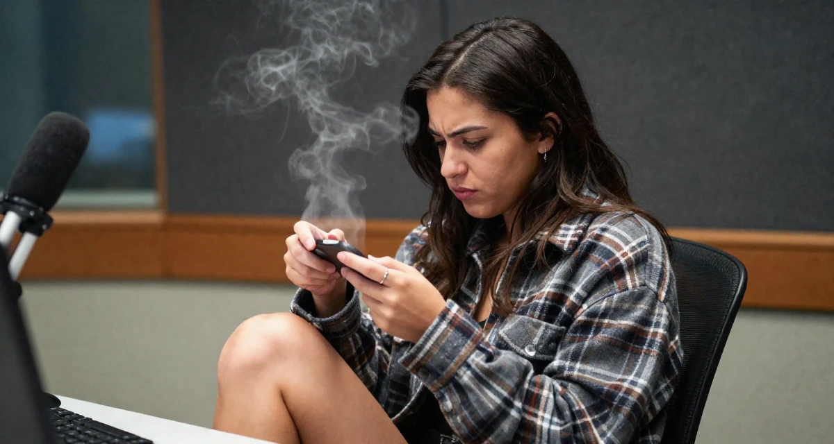 A proud Female Once a biology student, now exploring sensual posing as art in their 23, managing early burnout from overcommitment, wearing a cozy oversized flannel, inspecting an object in a radio station.