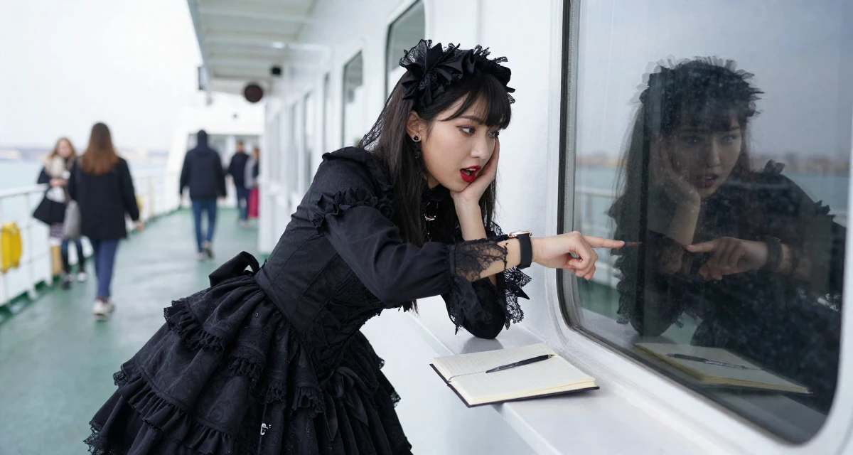 A spirited Female From Italy, studied fashion design in Milan in their 23, wearing smart casual and checking a watch, wearing a elaborate gothic lolita dress with frills and lace, checking a reflection in a window in a ferry deck.