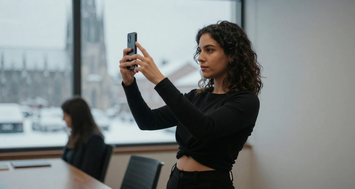 A unbothered Female Grew up in Spain, studied international business in their 25, adjusting expectations for adult life, wearing a urban minimalist silhouette, snapping a photo with a phone in a conference room.