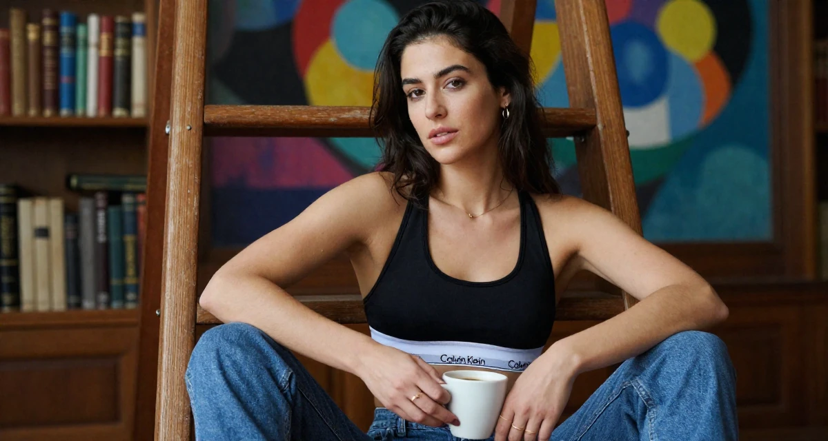 A soft Female From Buenos Aires Argentina, trained in tango and partner flow in their 25, becoming more intentional with time and focus, wearing a classic calvin klein style sports bra and jeans, holding a cup of coffee in a old library with wooden ladders.