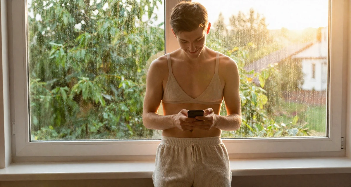 A blissful male Born in Russia, graduated from a local college majoring in marketing in their 25, developing early financial habits, wearing a ribbed knit shorts and a matching bra top, unlocking a phone screen in a rainy window seat.