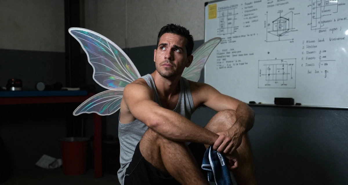 A reflective male Born in the Dominican Republic, studied tourism marketing in their 38, reviewer of high-end tech products, wearing a fairy costume with translucent iridescent wings, holding a gym towel in a mechanic garage.