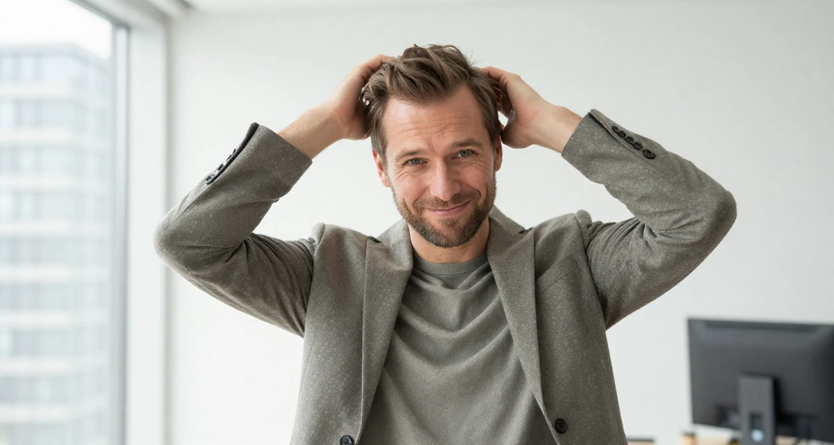 A satisfied male From Germany, studied information engineering in their 49, noticing early burnout signs, wearing a relaxed fit suit separate, posing for a selfie in a high-rise office building.
