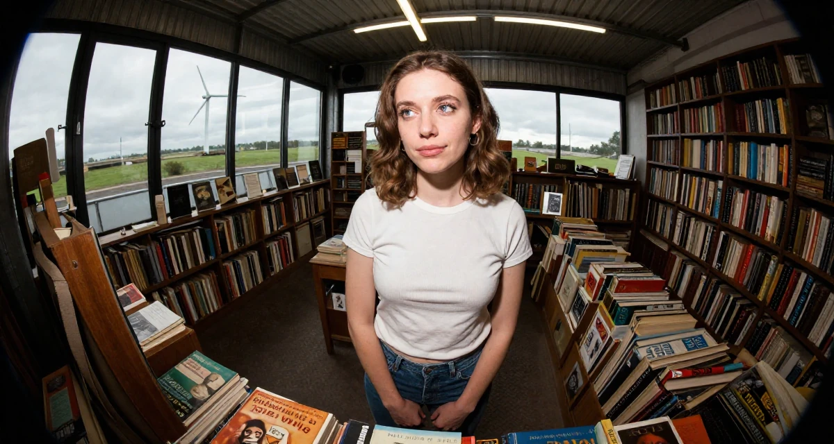 A composed Female From UK, studied anthropology in their 22, maintaining emotional distance while delivering flirty energy, wearing a minimalist everyday clothing, looking through a bag in a vintage bookstore.