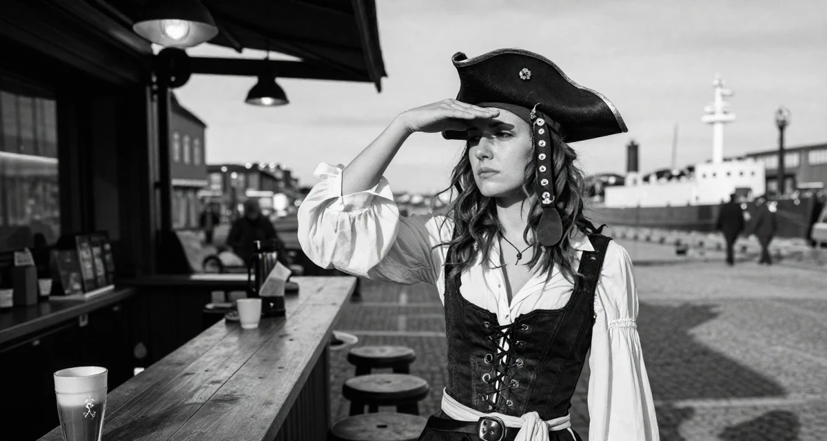 A melancholic yet beautiful Female From Stockholm Sweden, studied minimalist aesthetics and body symmetry in their 25, trying to build an aesthetic that feels authentic, wearing a pirate captain outfit with a corset and tricorn hat, shading eyes from the sun in a neon-lit street.
