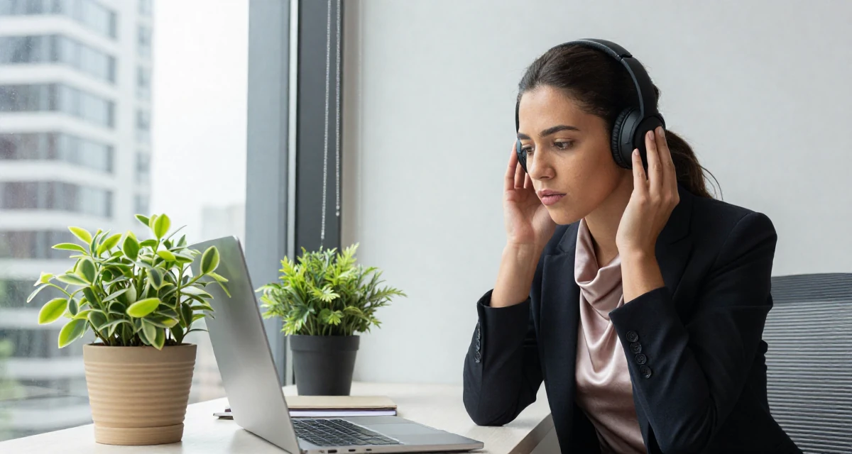 A pensive Female Former figure-skating student, now producing graceful aesthetic content in their 22, feeling the imposter syndrome in a first serious job, wearing a satin cowl neck top under a business suit, listening to music with headphones in a high-rise office building.