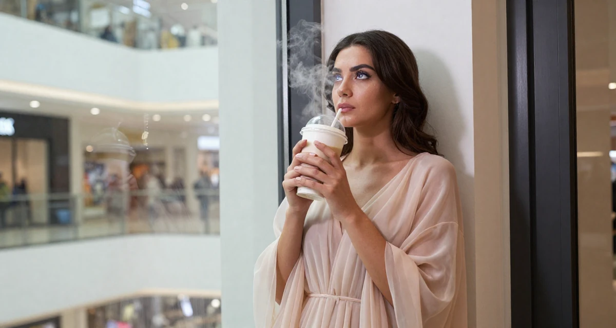 A determined Female From Turkmenistan, studied industrial technology in their 27, questioning long-term sustainability of creator life, wearing a ethereal spirit dress made of flowing sheer chiffon, leaning against a door in a shopping mall atrium.