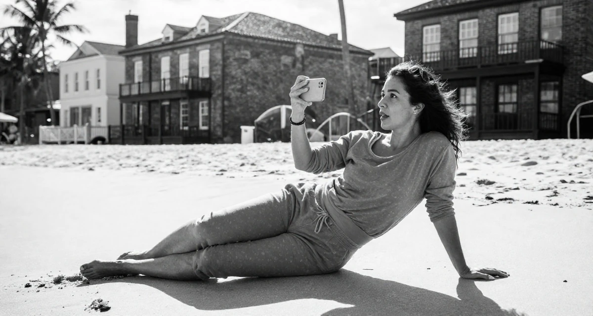 A fearless Female Previously a travel-blog student, now turning trips into premium creator content in their 39, reflecting on a decade of professional growth, wearing a comfortable lounge wear set, snapping a photo with a phone in a tropical white sand beach.