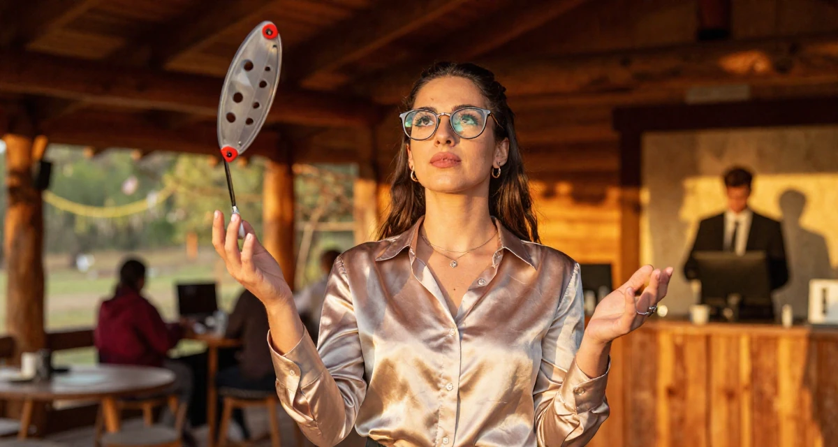 A self-assured Female Grew up in Argentina, majored in audiovisual production in their 24, juggling edits, shoots, and a boss who texts on weekends, wearing a satin button-up shirt in champagne color, pushing glasses up the nose in a rustic wooden cabin interior.