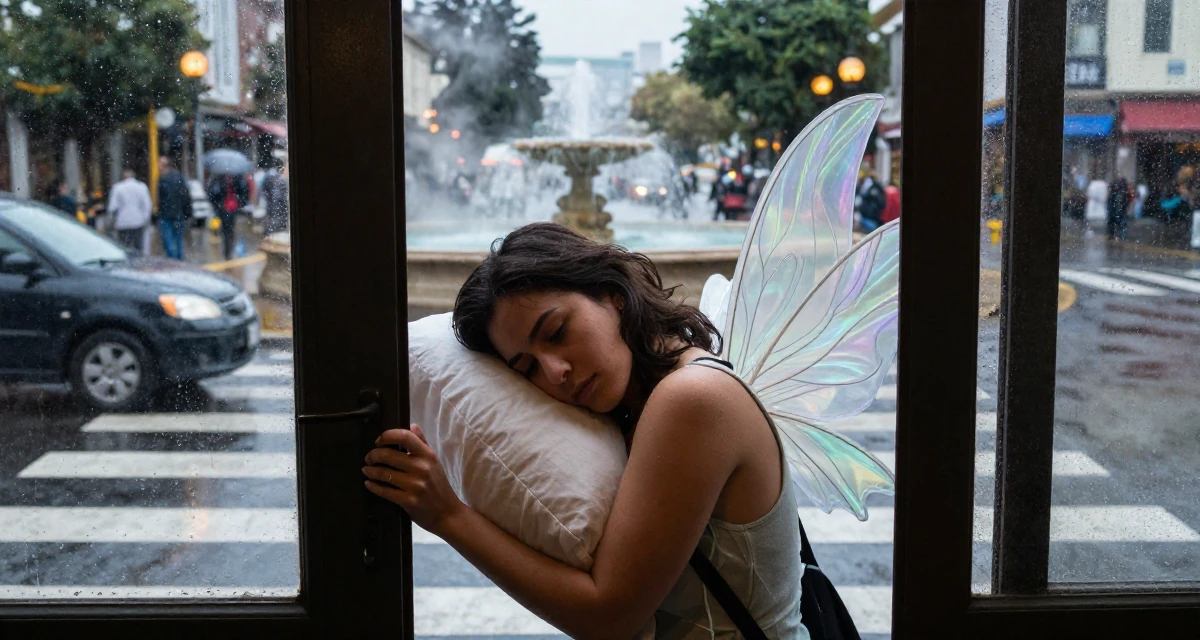 A timid Female From Chile, based in Valparaíso, graduated from a local institute majoring in multimedia journalism in their 41, focusing on financial independence and investing, wearing a fairy costume with translucent iridescent wings, pushing a door open in a busy crosswalk.