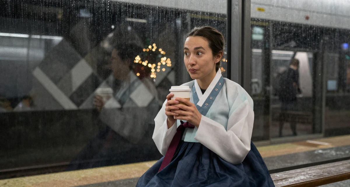 A spirited Female From Stockholm Sweden, holds a degree in product design in their 34, managing a remote team from a home office, wearing a traditional hanbok modified for a modern look, holding a coffee cup with both hands in a subway platform.