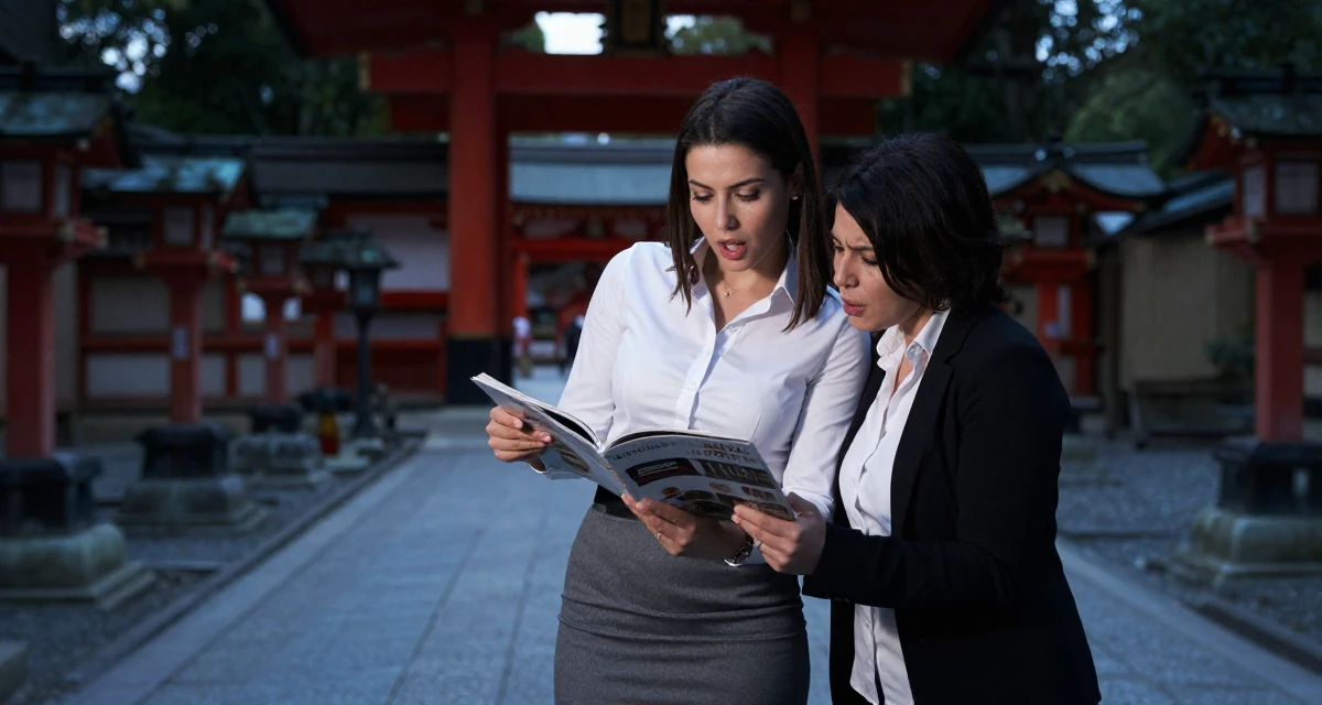 A eager Female From Syria, studied business IT in their 23, saving aggressively for a dream travel trip, wearing a office lady pencil skirt and tight white shirt, flipping through a magazine in a Japanese Shinto shrine.