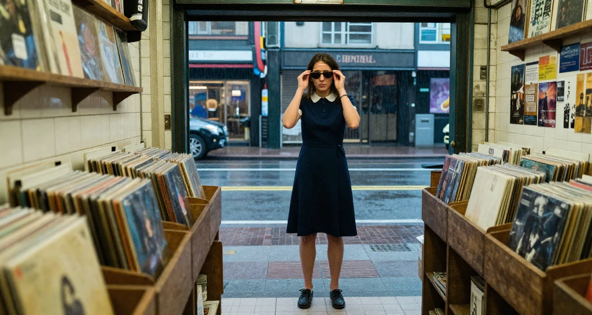 A worried Female Once a biology teacher, now exploring artistic movement expression in their 33, balancing softness with inner strength, wearing a navy blue dress with white collar and cuffs, lowering sunglasses to look out in a vintage record store.