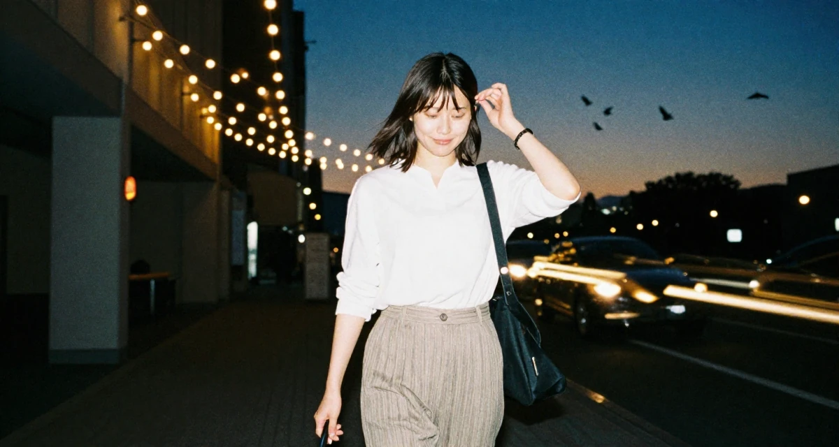 A smiling gently Female From Japan, based in Osaka, graduated from a local college majoring in marketing in their 21, struggling to disconnect from social media, wearing a relaxed fit pleated trousers, adjusting a hairpin in a cinema lobby.