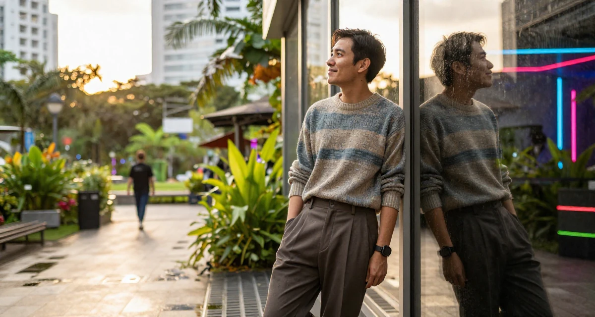 A grateful male From Singapore, based in Tampines, graduated from a polytechnic majoring in business analytics in their 30, accepting that ambition doesn’t erase exhaustion, wearing a vintage sweater and high-waist pants, checking a reflection in a window in a botanical garden.