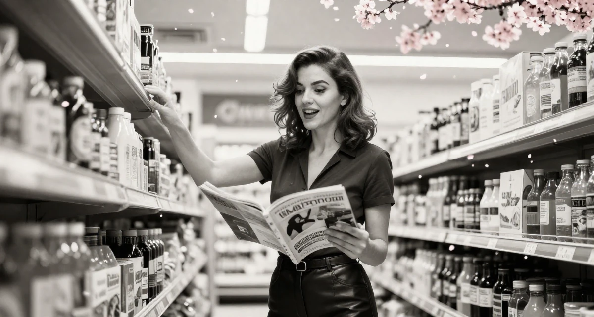 A enthusiastic Female From Portugal, based in Faro, graduated from a media institute majoring in stylish audiovisual curation in their 33, feeling a deep sense of gratitude and grounding, wearing a sleek leather pants styling, flipping through a magazine in a supermarket aisle.