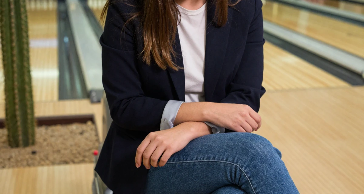 A nostalgic Female Former geography club member, now producing exploration-themed content in their 22, realizing their parents were right about sleep, wearing a business casual outfit with jeans and a blazer, adjusting sleeves in a bowling alley.