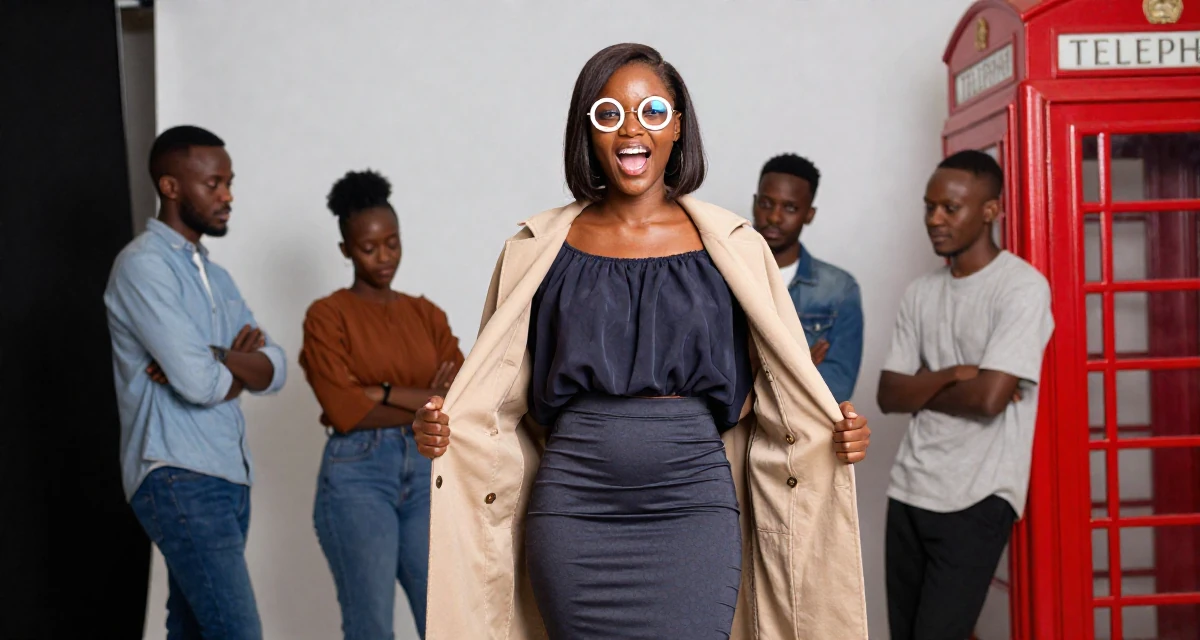 A triumphant Female From Mozambique, studied environmental science in their 22, grinding nonstop while peers enjoy carefree weekends, wearing a tight pencil skirt and a loose chiffon top, unbuttoning a coat in a photo studio.