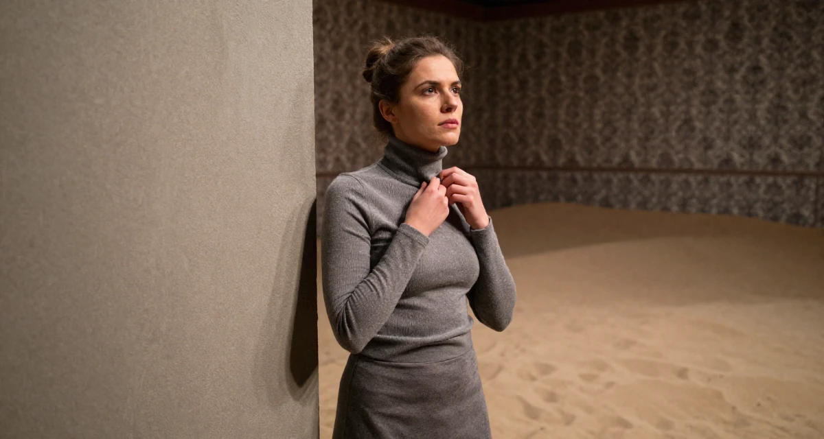 A soulful Female From Saint Petersburg Russia, studied visual storytelling in theatrical setups in their 24, learning how to set boundaries in private messages, wearing a fitted turtleneck and skirt, adjusting a collar in a barn interior.