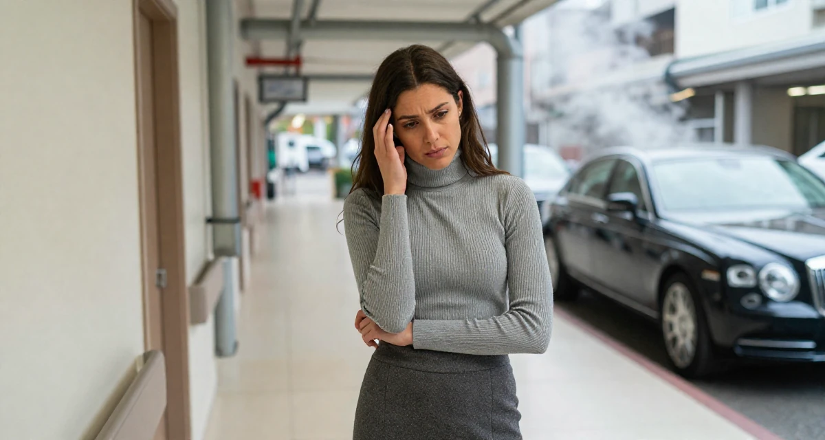 A grounded Female Former pharmacist in training, now teaching wellness routines online in their 25, entering first serious friendships and relationships, wearing a ribbed mock neck top and a long wool skirt, scratching the head in confusion in a hospital corridor.