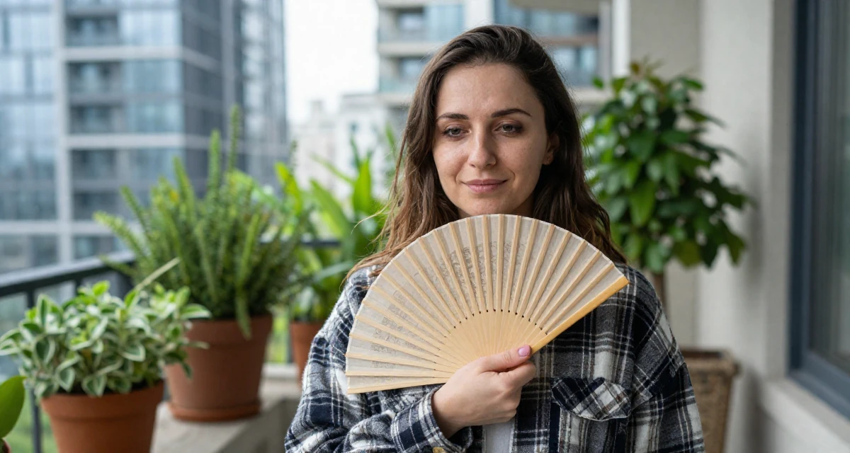 A contented Female From Russia, studied linguistics and translation in their 35, passionate about classical music and art, wearing a cozy oversized flannel, fanning self with a hand in a front porch.