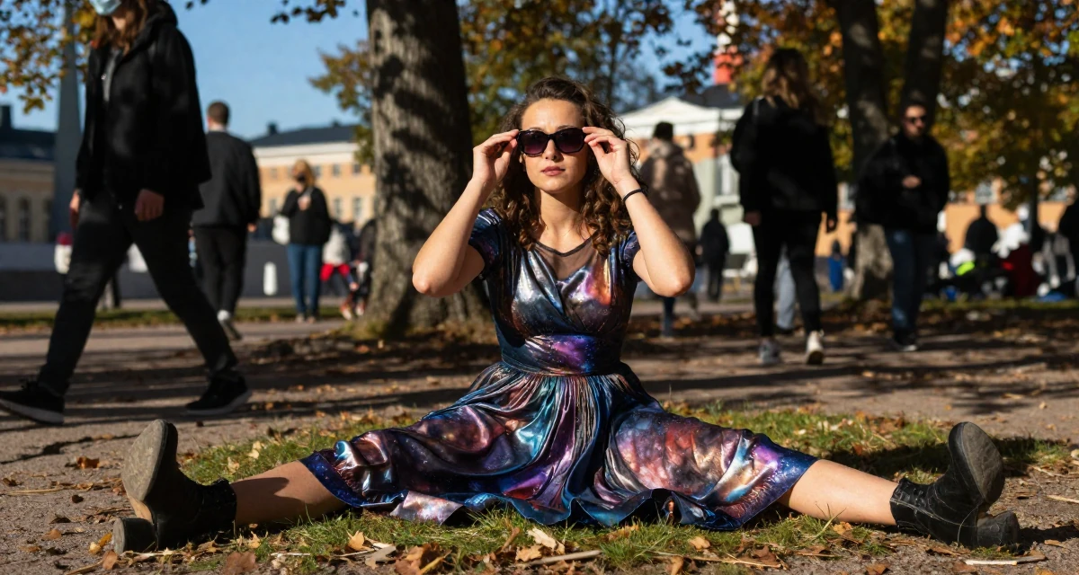A alluring Female From Tampere Finland, learned intimate storytelling through slow-mode videography in their 24, understanding long-term consequences of choices, wearing a galactic princess gown with metallic fabrics, lowering sunglasses to look out in a autumn forest.