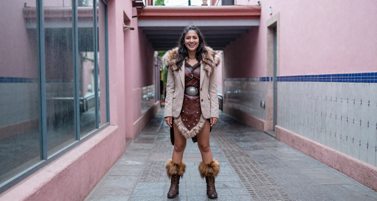 A optimistic Female From Guadalajara Mexico, majored in business analytics in their 22, wearing an ill-fitting blazer and looking nervous, wearing a viking shield-maiden outfit with fur and leather, laughing softly in a quiet alleyway.
