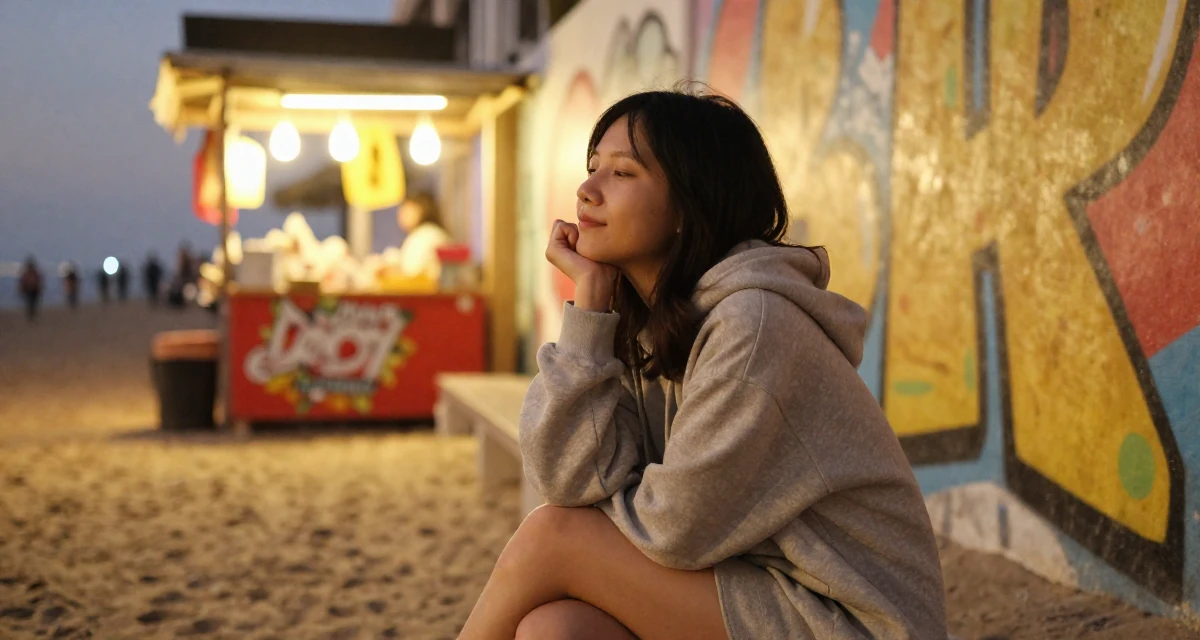 A relaxed Female Raised in Vietnam, studied digital illustration in their 24, reinvesting earnings in better lighting and props, wearing a oversized hoodie worn as a dress, taking a deep breath in a beach promenade.