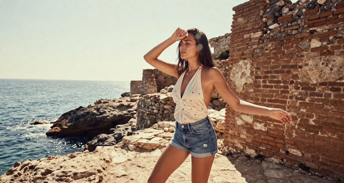 A lazy Female Previously a corporate HR specialist, now a digital intimacy coach in their 23, pretending everything is fine while barely covering bills, wearing a backless halter top and denim shorts, wiping sweat from the brow in a rocky ocean cliff.