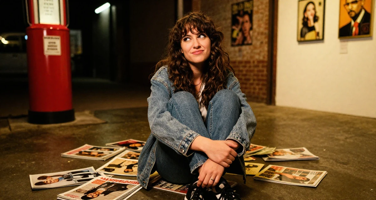 A cheeky Female Former sales rep, now leveraging charisma for digital storytelling in their 29, seeking mentorship and higher guidance, wearing a relaxed streetwear, crossing legs in a art gallery.