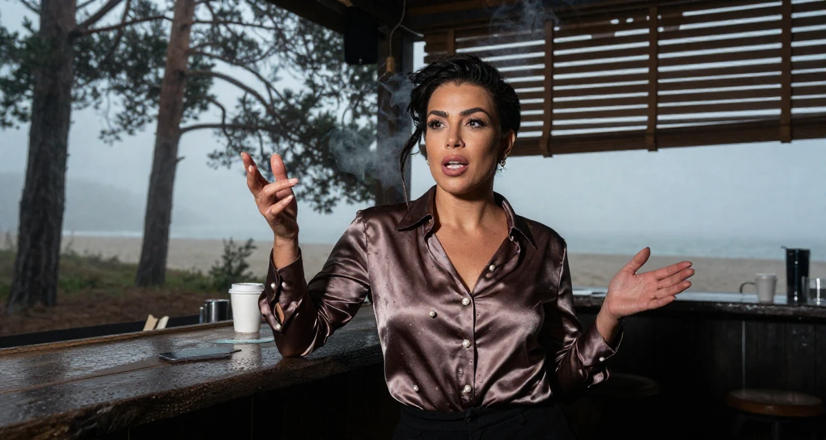 A bold and charismatic Female From Aarhus Denmark, trained in fitness coaching and body alignment in their 35, sharing the journey of learning a new language, wearing a satin blouse with pearl buttons, gesturing while talking in a beach bar.