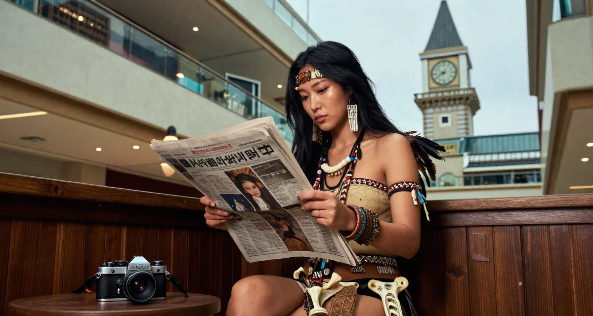 A proud and dignified Female From South Korea, based in Jeju, graduated from a fashion school majoring in body language aesthetics in their 20, spending too much time scrolling social media, wearing a tribal shaman outfit with feathers and bones, holding a newspaper in a shopping mall atrium.