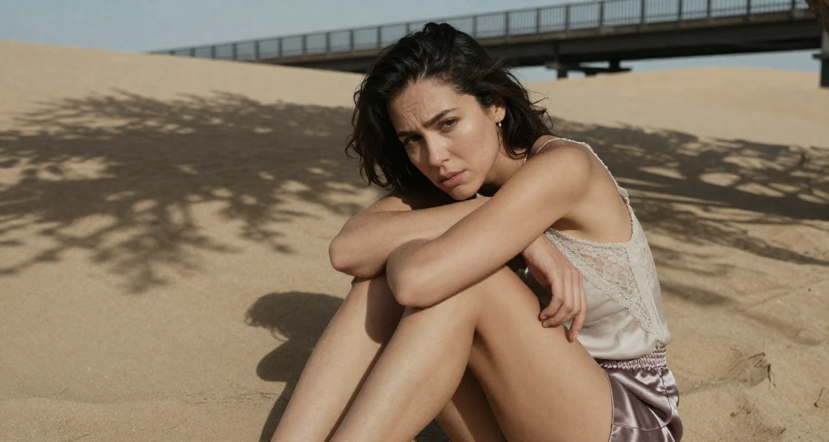 A stressed Female Once a junior marketing intern, now a full-time creator in their 42, restarting career after burnout, wearing a lace-trimmed camisole and silk lounge shorts, gripping a lapel in a desert sand dunes.