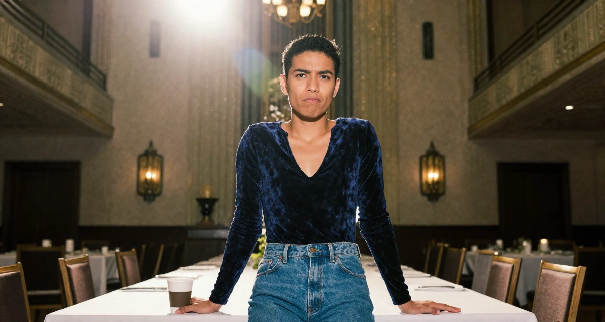 A pouting male From Nicaragua, majored in sports science in their 33, seeking a deeper connection with nature, wearing a velvet bodysuit and high-waisted mom jeans, holding a coffee cup with both hands in a banquet hall.