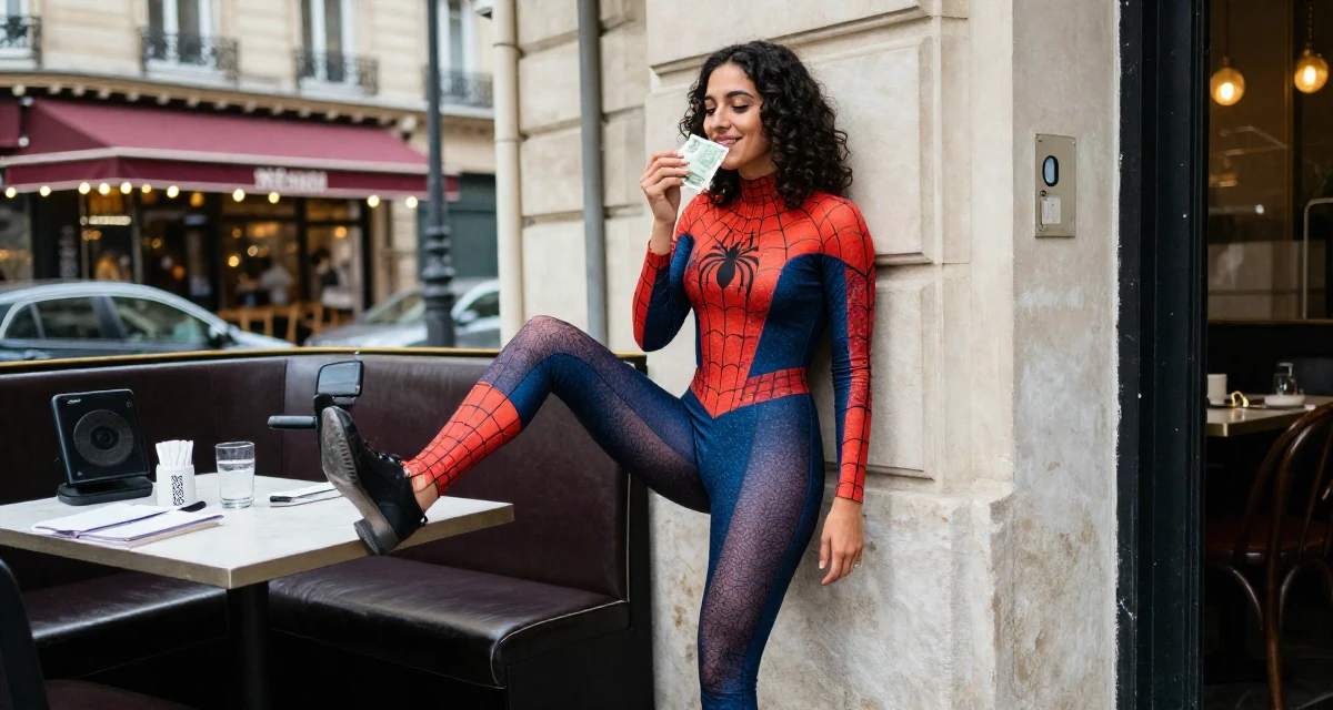 A smiling gently Female From Alexandria Egypt, practiced creative self-portraiture in their 23, enjoying the first taste of disposable income, wearing a spider-themed villainess suit, tapping a foot rhythmically in a restaurant booth.
