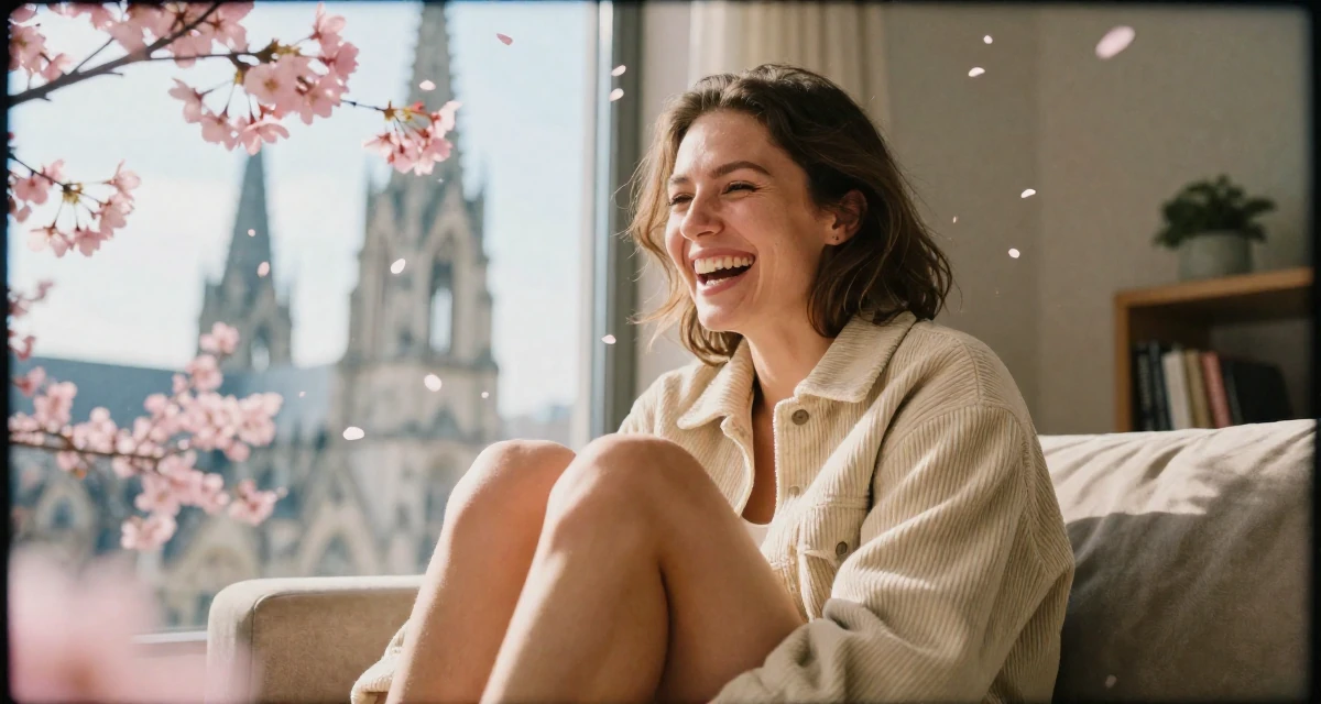 A focused Female Former swim team athlete, now building a fitness-focused fanbase in their 22, facing uncertainty about future stability, wearing a soft texture corduroy jacket, laughing uncontrollably in a sunlit living room.