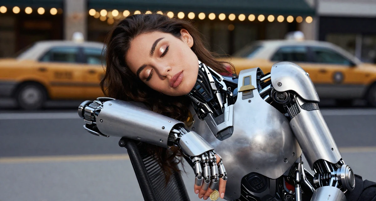 A sleepy Female Raised in Turkey, studied media relations and advertising in their 26, learning that trends shift faster than energy can keep up, wearing a futuristic android body armor with exposed mechanical parts, flipping a coin in a city sidewalk.