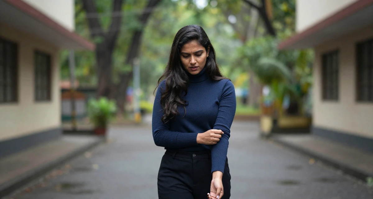 A fascinated Female From Bangalore India, holds a degree in software engineering in their 27, dealing with the emotional cost of visibility, wearing a sophisticated turtleneck and trousers, adjusting sleeves in a magical forest clearing.