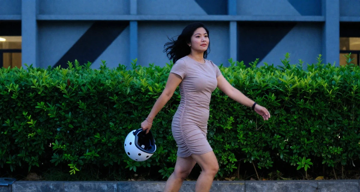 A resilient Female Once a bookstore clerk, now offering cozy aesthetic subscription content in their 44, advocate for financial literacy for women, wearing a ruched mini dress that accentuates the figure, holding a helmet in a university campus.