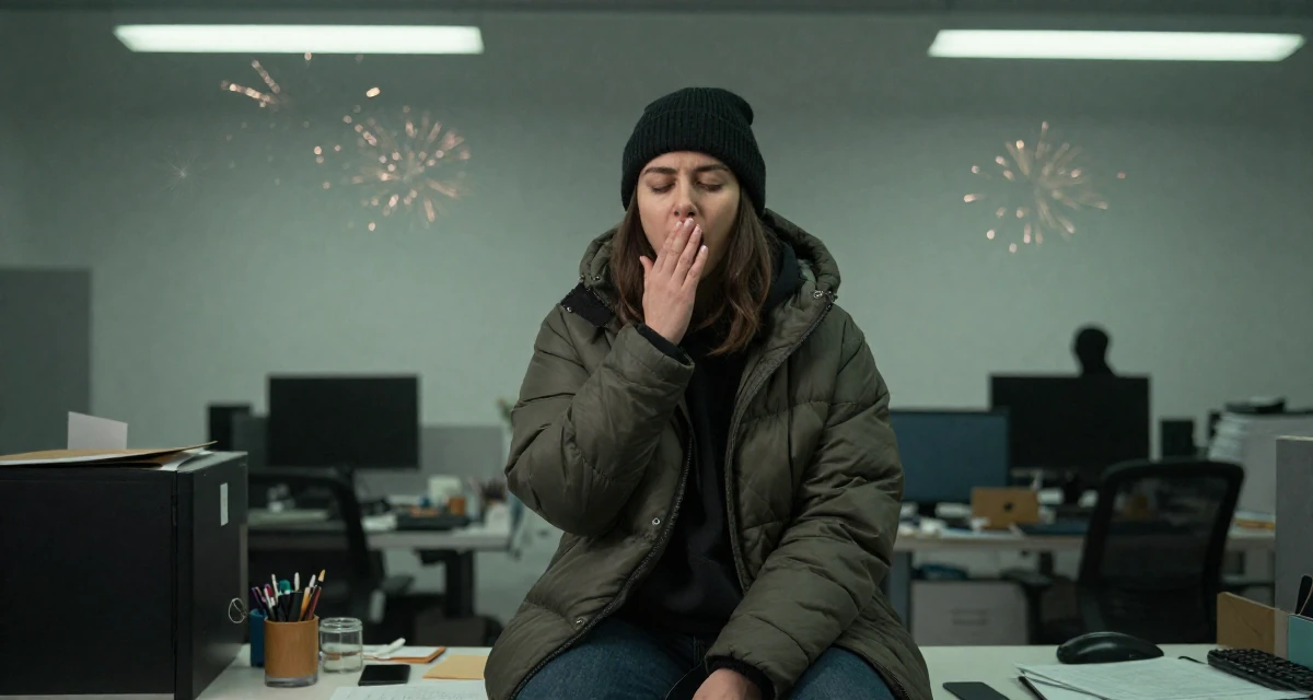 A cold and distant Female Raised in Germany, studied visual communication design in their 25, stabilizing monthly income and planning long-term strategy, wearing a warm puffer jacket and beanie, stifling a yawn in a messy artist studio.