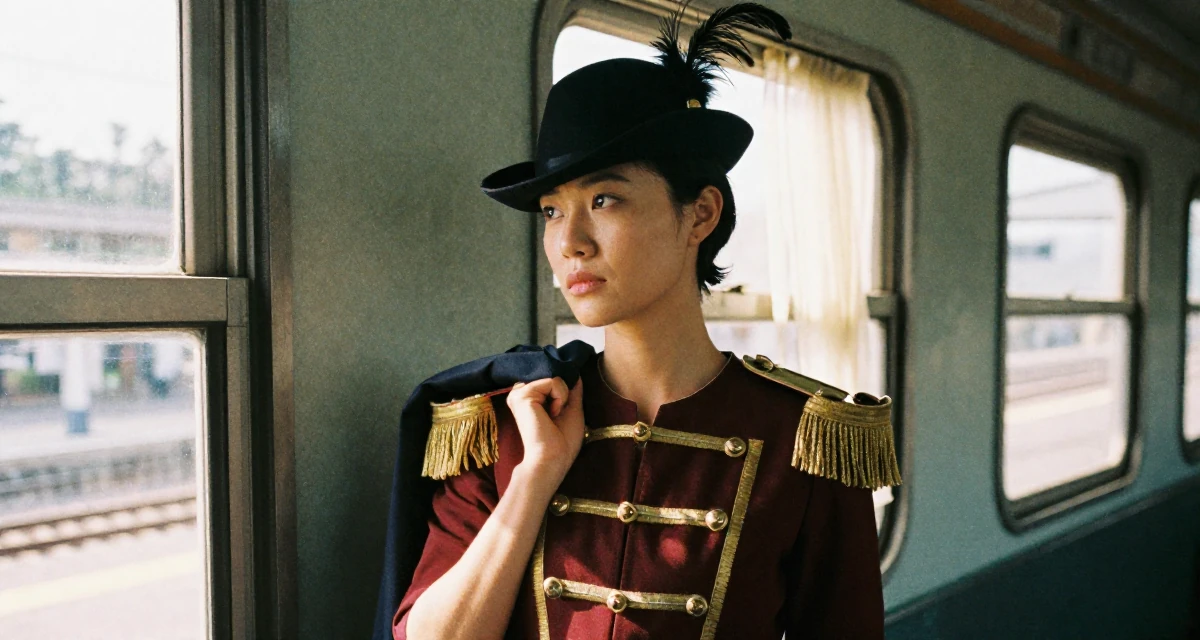 A solemn Female From Kaohsiung Taiwan, started modeling while studying visual design in their 44, proud of professional achievements and growth, wearing a royal musketeer tunic with a feathered hat, holding a jacket over a shoulder in a train platform.