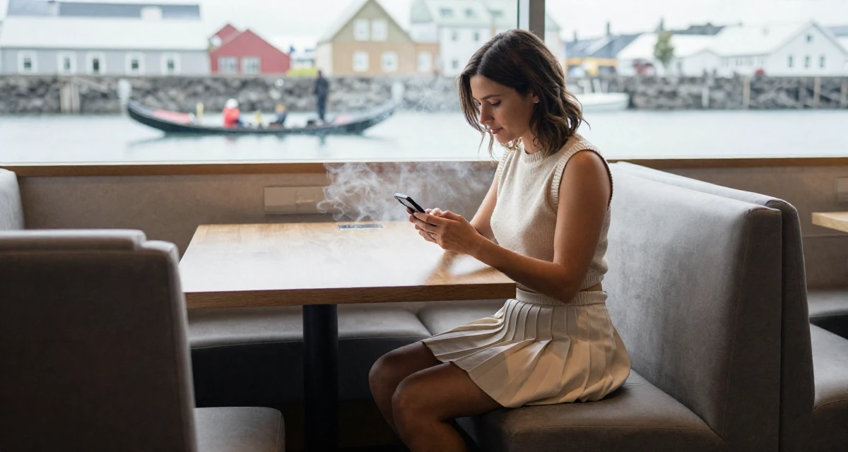 A quiet Female Raised in Iceland, majored in creative digital strategy in their 25, exploring monetization without compromising comfort, wearing a cropped sweater vest and a pleated mini skirt, typing a message in a restaurant booth.