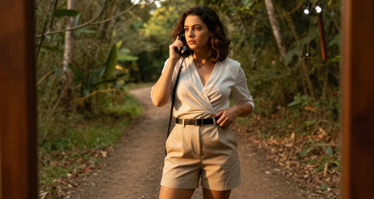 A wistful Female Raised in Brazil, majored in multimedia arts in their 38, reviewer of high-end tech products, wearing a wrap-front blouse and tailored shorts, adjusting a belt in a forest path.