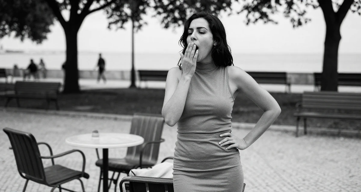A thoughtful Female From Lisbon Portugal, majored in digital communication in their 22, trying to grow without losing privacy or sanity, wearing a mock neck sleeveless top and a pencil skirt, yawning discreetly in a quiet park.